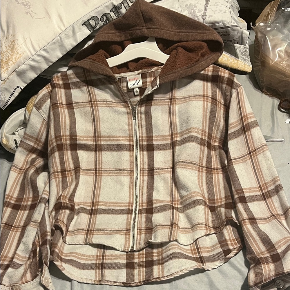 Belle Du Jour Brown Plaid Hooded Jacket